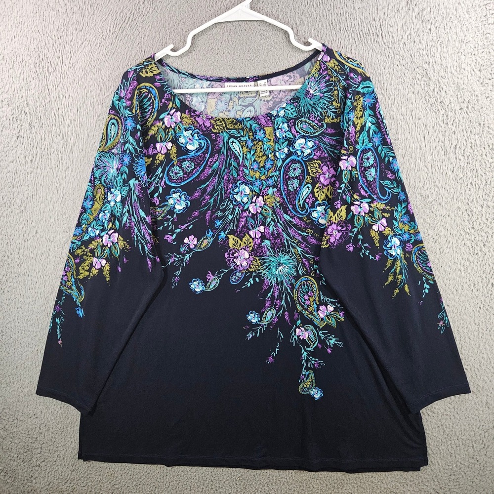Susan Graver Liquid Knit Paisley Floral Top 2X Navy Blue 3/4 Sleeve Scoop Neck